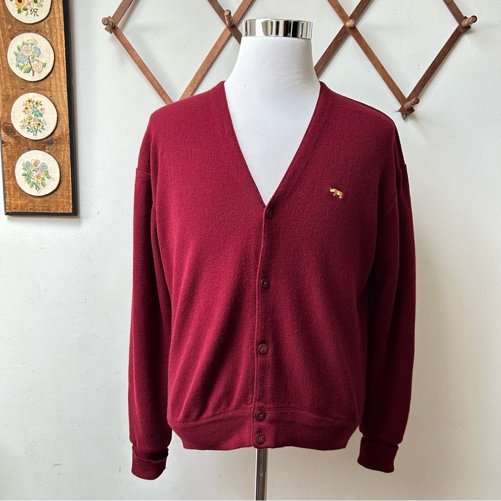Vintage Rhinoceros Logo Embroidery Knit Burgundy Cardigan Sweater